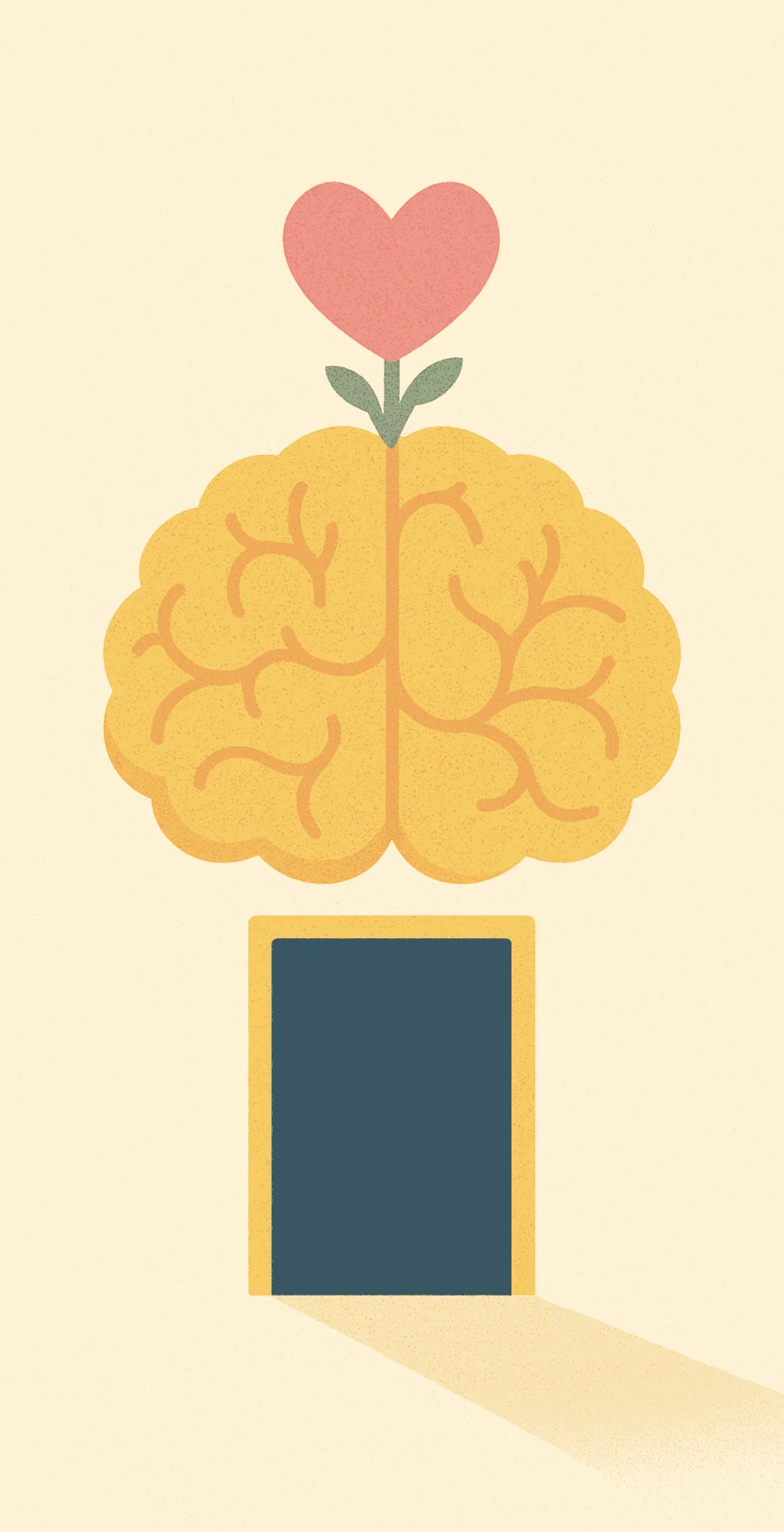 Ilustración de una puerta abierta bajo un cerebro del que nace una flor en forma de corazón
